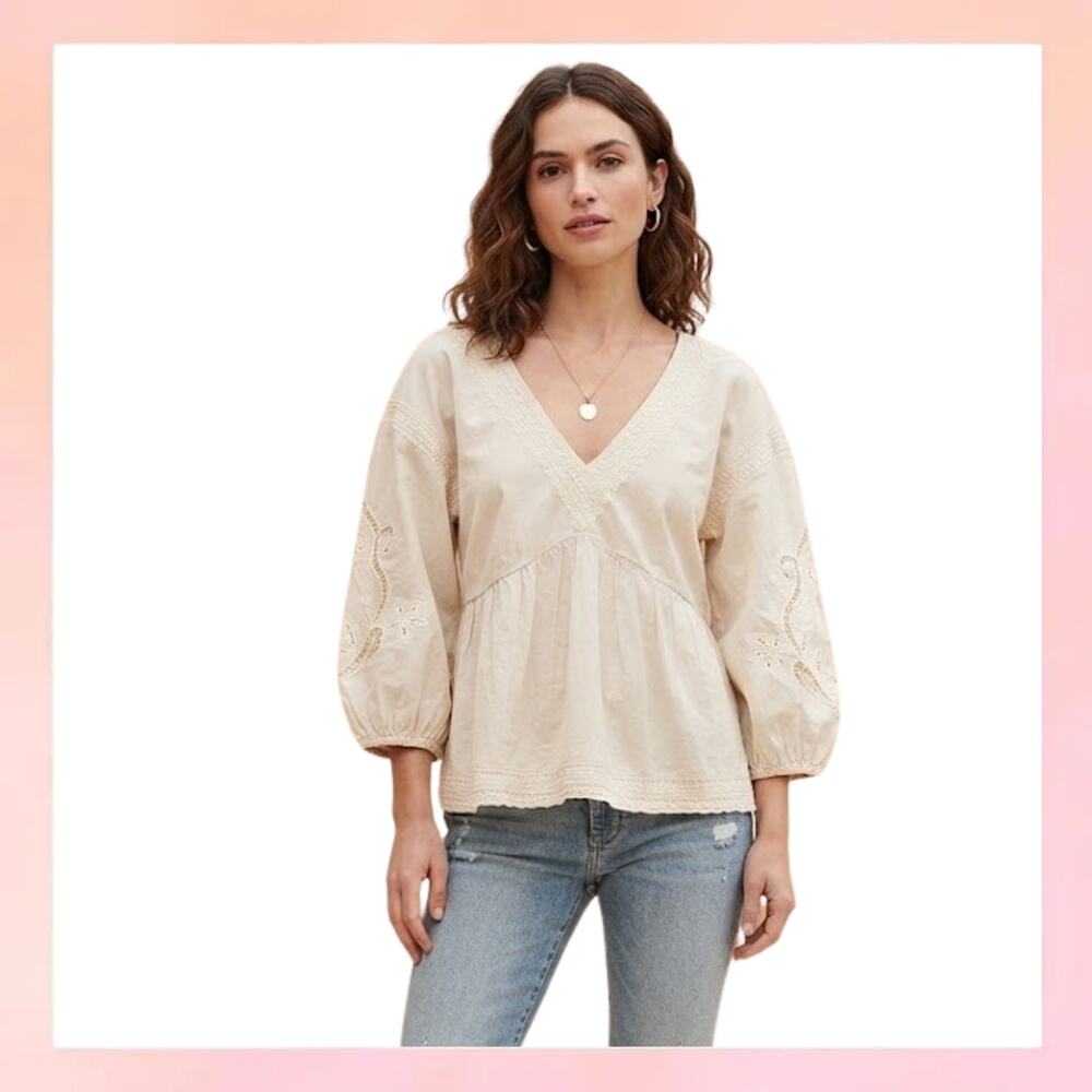 Time and Tru Embroidered Eyelet Sleeve Peasant Blouse Neutral Beige Size L 12-14